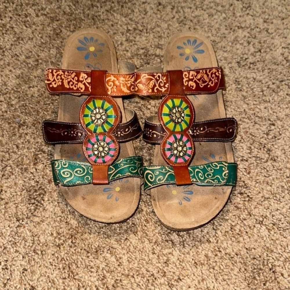 Elite By Corkys Bora Multicolor Leather Cork Wedge Heeled Sandal Shoes size 9